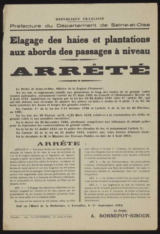Seine-et-Oise [Département]. - Arrêté préfectoral portant sur l'élagage des haies et plantations aux abords des passages à niveau, 1er septembre 1934. 