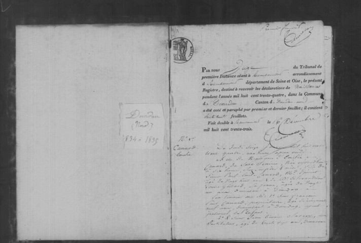 DOURDAN. Naissances, mariages, décès : registre d'état civil (1834-1835). 