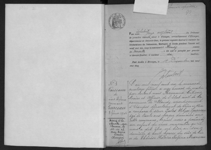 BLANDY.- Naissances, mariages, décès : registre d'état civil (1906-1919). 