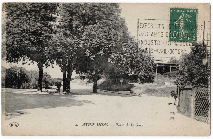 ATHIS-MONS. - Place de la Gare, ELD, 1923, 16 lignes, 10 c, ad. 