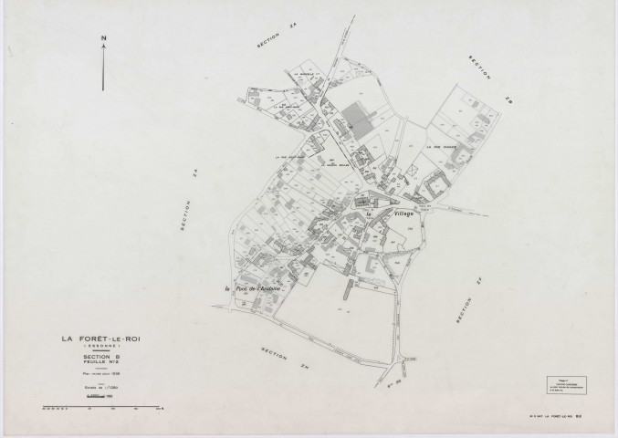 FORET-LE-ROI (LA), plans minutes de conservation : tableau d'assemblage, 1938, Ech. 1/5000 ; plans des section W, X1, Y1, Y2, Z, 1953, Ech. 1/2000, section X2, 1953, Ech. 1/1000. Polyester. N et B. Dim. 105 x 80 cm [7 plans]. 