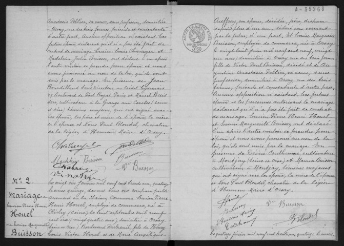 ORSAY. - Mariages : registre d'état civil.