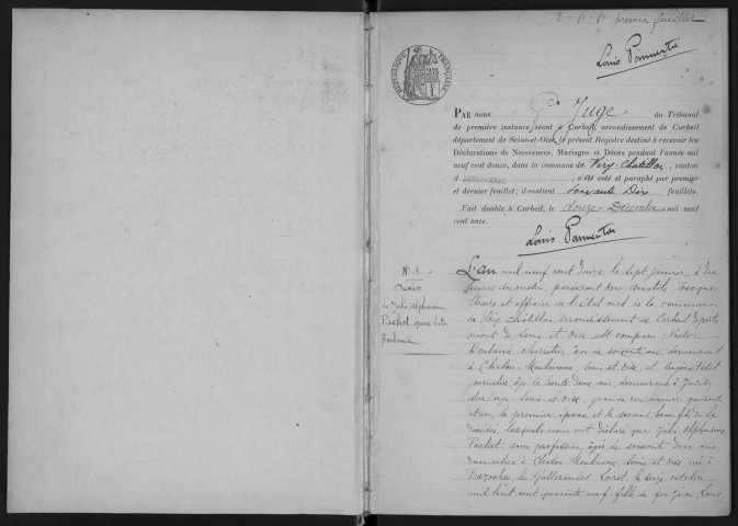 VIRY-CHATILLON. - Naissances, mariages, décès : registre d'état civil.