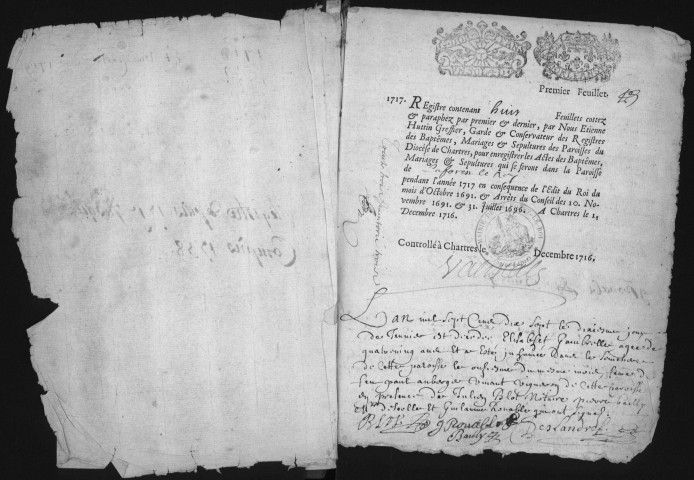 FORET-LE-ROI (LA) - Registre paroissial. - Baptêmes, mariages et sépultures (1717-1747) 