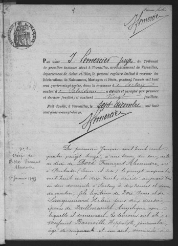 SACLAY.- Naissances, mariages, décès : registre d'état civil (1893-1902). 