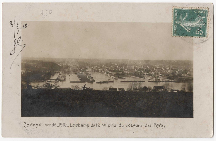 CORBEIL-ESSONNES. - Corbeil inondé 1910. Le champ de foire pris du coteau du Perray, 1910, 5 mots, 5 c, ad. 
