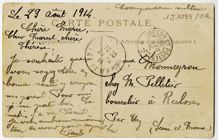 Cartes postales avec correspondances de Paul MONNEYRON, adressées à sa famille, 1914-1919.