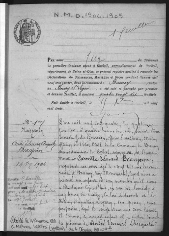 BRUNOY.- Naissances, mariages, décès : registre d'état civil (1904-1905). 