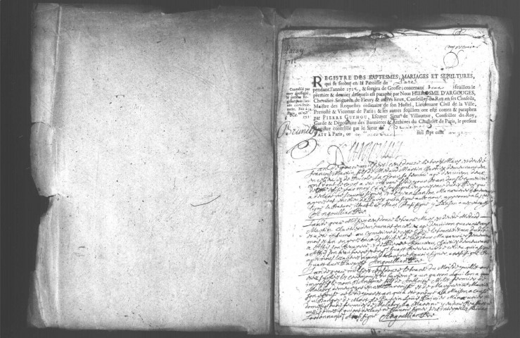 PARAY-VIEILLE-POSTE. Paroisse Saint-Vincent : Baptêmes, mariages, sépultures : registre paroissial (1706-1756). [Lacunes : B.M.S. (1713-1736)]. 