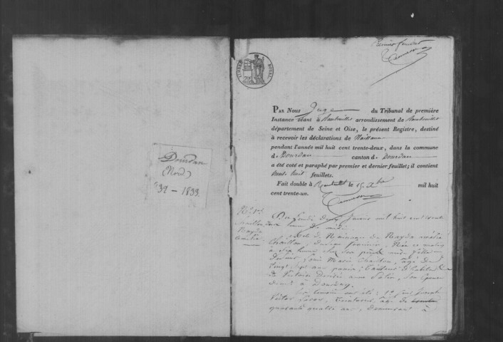 DOURDAN. Naissances, mariages, décès : registre d'état civil (1832-1833). 