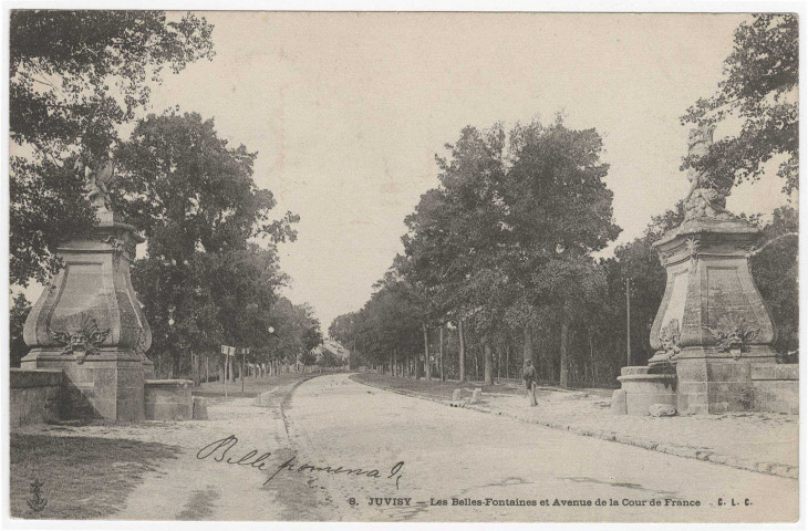 JUVISY-SUR-ORGE. - Les Belles-Fontaines et avenue de la cour de France. CLC (1904), 2 mots, 5 c, 10 c, ad. 