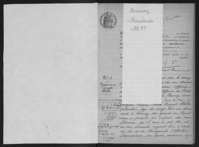 BRUNOY.- Naissances : registre d'état civil (1910). 