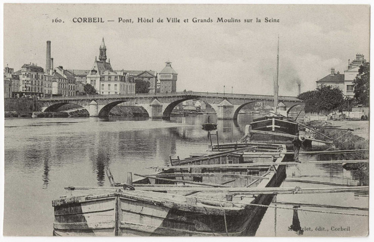 CORBEIL-ESSONNES. - Corbeil - Pont, hôtel de ville et grands moulins sur la Seine. Editeur Mardelet, 1908, 1 timbre à 10 centimes. 