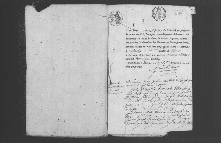 ETRECHY. Naissances, mariages, décès : registre d'état civil (1824-1834). 