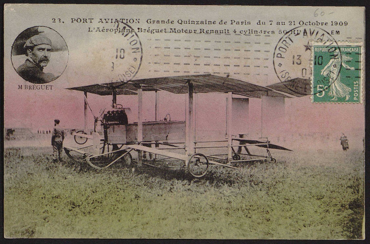VIRY-CHATILLON.- Port-Aviation. Grande Quinzaine de Paris, du 7 au 21 octobre 1909. L'aéroplane Bréguet. Moteur Renault, 4 cylindres (13 octobre 1909).