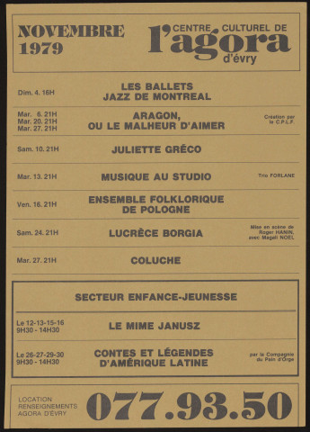 EVRY. - Théâtre, danse, musique, variétés, cinéma, arts plastiques : programme culturel, Centre culturel de l'Agora, novembre 1979. 