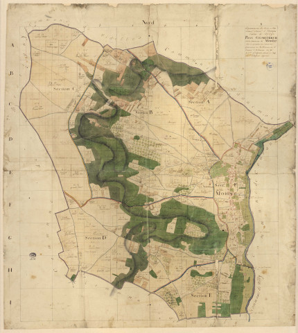 Plan géométrique de MOIGNY dressé par le géomètre en chef SCOQUART et l'arpenteur LEVASSEUR, [an XII]. Sans éch. Coul. Dim. 1,00 x 1,00. [mauvais état] 