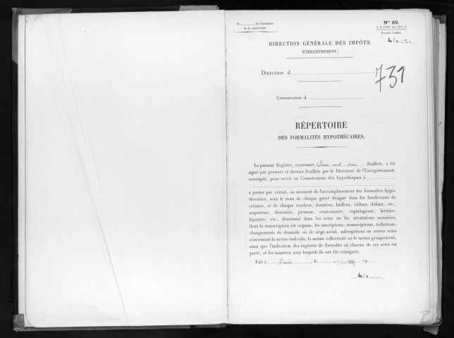 Conservation des hypothèques de CORBEIL. - Répertoire des formalités hypothécaires, volume n° 731 : A-Z (registre ouvert en 1951). 
