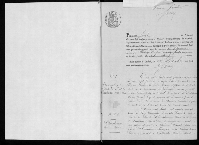 VIGNEUX-SUR-SEINE. Naissances, mariages, décès : registre d'état civil (1883-1896). 
