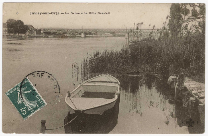JUVISY-SUR-ORGE. - La Seine à la villa Draveil. FF (1909), 1 mot, 5 c, ad. 