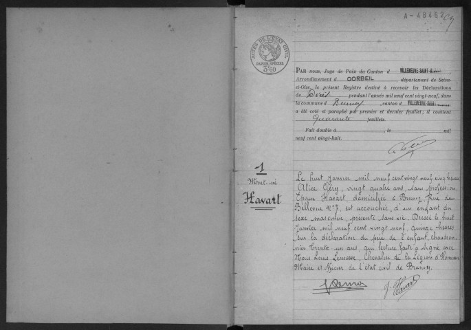 BRUNOY.- Décès : registre d'état civil (1929). 