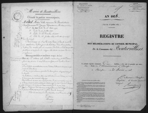 BOUTERVILLIERS - Administration de la commune. - Registre des délibérations du conseil municipal (20/05/1838 - 16/02/1860). 