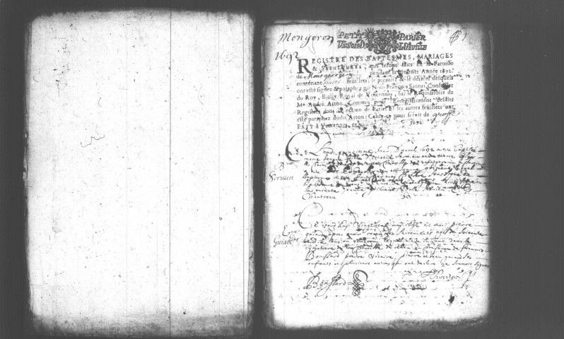 MONTGERON. Paroisse Saint-Jacques et Saint-Christophe : Baptêmes, mariages, sépultures : registre paroissial (1692-1738). [Lacunes : B.M.S. (1716-1729, 1731-1736)]. 