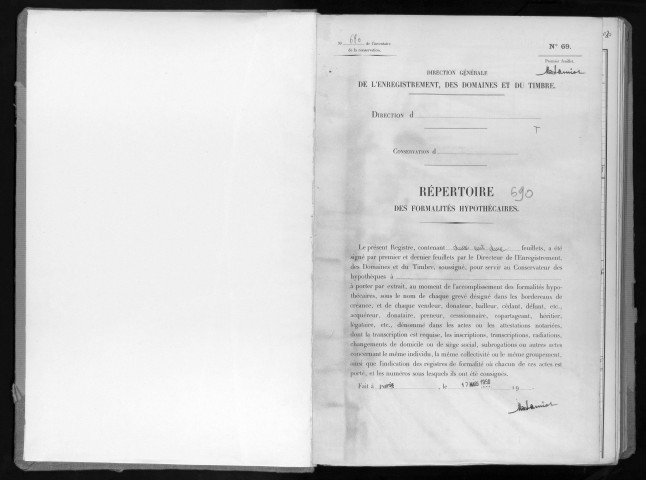 Conservation des hypothèques de CORBEIL. - Répertoire des formalités hypothécaires, volume n° 690 : A-Z (registre ouvert en 1950). 