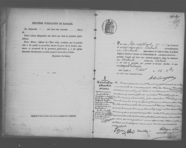 CORBEIL. Naissances : registre d'état civil (1874). 