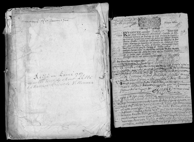 VILLECONIN. - Registre paroissial des baptêmes, mariages, sépultures (1 registre) [quelques actes de 1673 et 1692]. 