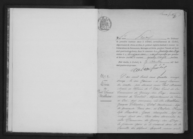 JUVISY-SUR-ORGE. Naissances, mariages, décès : registre d'état civil (1892-1894). 