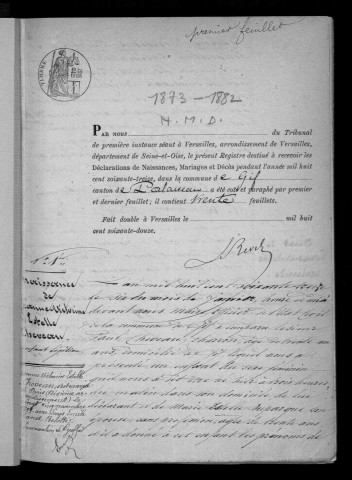 GIF-SUR-YVETTE. Naissances, mariages, décès : registre d'état civil (1873-1882). 