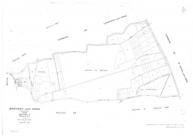 BRETIGNY-SUR-ORGE .- Cadastre révisé pour 1957 : plan du tableau d'assemblage, plans de la section A 1ère feuille, idem 2ème feuille, idem 3ème feuille, idem 4ème feuille, section AB, section AC, section AD, section AE, section AH, section AI, section AK, section AL, section AM, section C 1ère feuille, idem 2ème feuille, idem 3ème feuille, section D, section E, section F ; cadastre révisé pour 1957 mis à jour pour 1971 : plans de la section C 1ère feuille, idem 2ème feuille, idem 3ème feuille, section D ; cadastre révisé pour 1957 mis à jour pour 1972 : plans de la section AH, section AI, section AL, [27 plans]. 