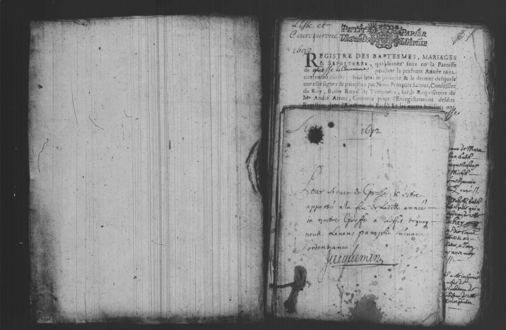 LISSES. Paroisse Saint-Germain : Baptêmes, mariages, sépultures : registre paroissial (1669-1716). [Lacunes : B.M.S. (1674-1691)]. 