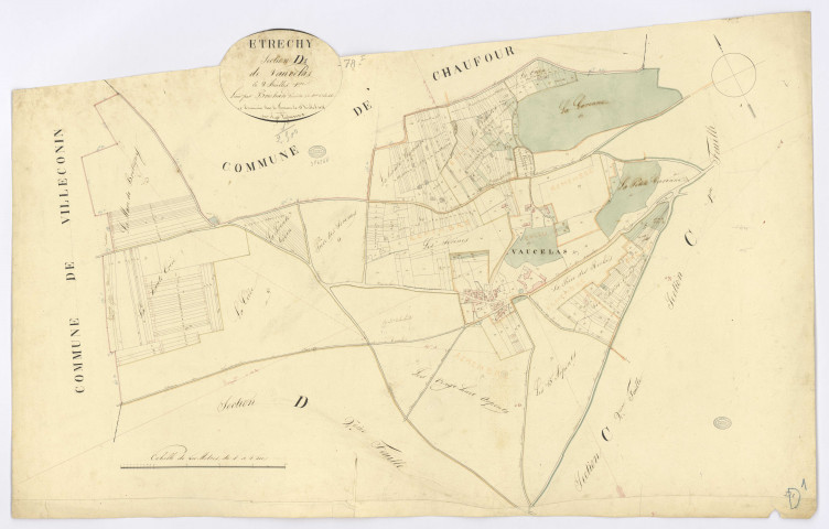 ETRECHY. - Section D - Vaucelas, 1, ech. 1/2500, coul., aquarelle, papier, 61x97 (1825). 