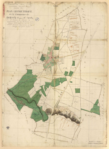 Plan géométrique de BOISSY-SOUS-SAINT-YON, dressé par le géomètre SCOQUART et l'ingénieur secondaire MANGET, [an XIII]. Ech. 50 perches. Coul. Dim. 0,75 x 1,05. [mauvais état] 