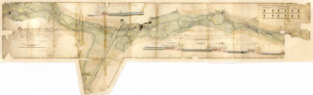 Bassin de l'Orge. - Plan du cours de la rivière d'Orge depuis le moulin de Savigny jusqu'au confluent de cette rivière avec la Seine, dressé pour servir au règlement de cette partie de rivière demandé par les propriétaires et meuniers des moulins de Savigny, d'Antin, de Juvisy, d'Athis et de Mons et pour servir de renseignements dans les contestations élevées entre tous les propriétaires et meuniers . Sign. Surville, 1823. ,Ech. 1/2500. Coul. Dim. 2.33 x 0.43 