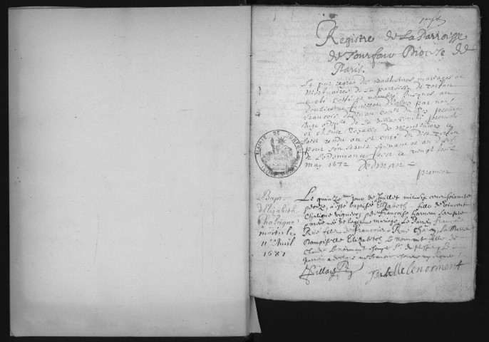 TORFOU - Registres paroissiaux.  -  Registre des baptêmes, mariages et sépultures (1672 - 1699) [+ 2 actes passés en 1703 ; lacunes : 1669 - 1671]. 