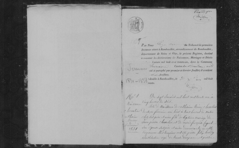 SERMAISE. Naissances, mariages, décès : registre d'état civil (1831-1838). 