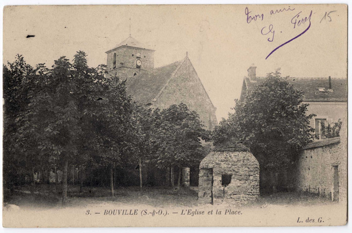 BOUVILLE. - L'église et la place, L. des G., 1904, 2 mots, 5 c, ad. 