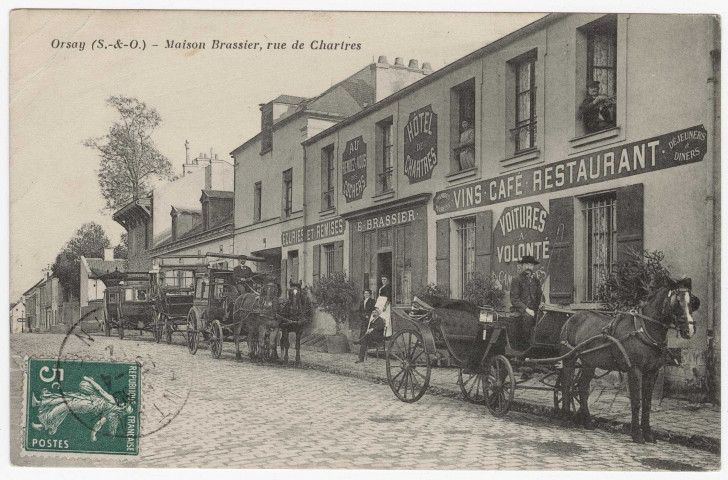 ORSAY. - Maison Brassier (hôtel-restaurant-café-location de voitures), rue de Chartres [Editeur Lefèvre, 1912, timbre à 5 centimes]. 