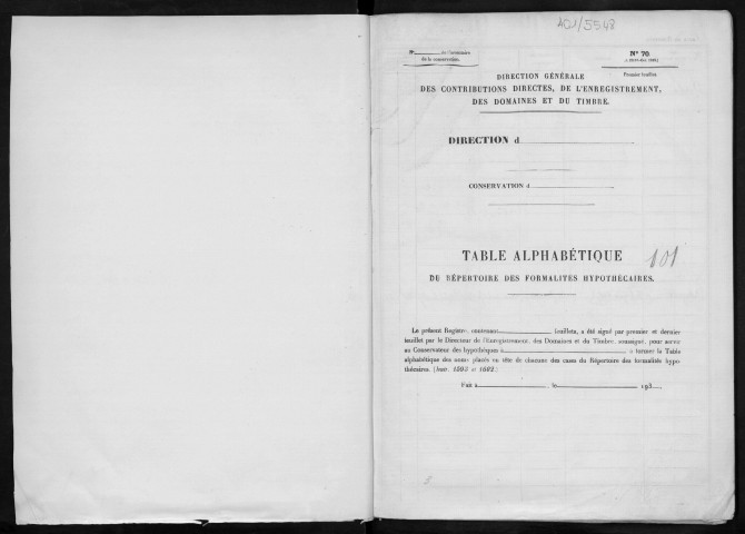 Volume n° 101 : A-Z (registre ouvert vers 1930).