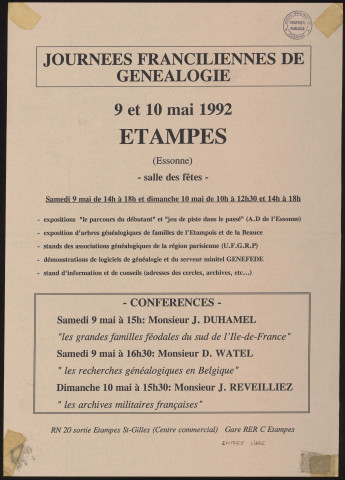 ETAMPES. - Journées franciliennes de généalogie, Salle des fêtes, 9 mai-10 mai 1992. 