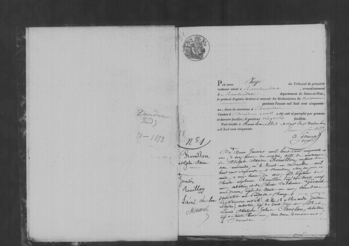 DOURDAN. Naissances, mariages, décès : registre d'état civil (1851-1853). 