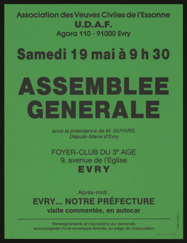 EVRY. - Assemblée générale de l'Association des veuves civiles de l'Essonne, Foyer-club du 3ème âge, 19 mai 1984. 