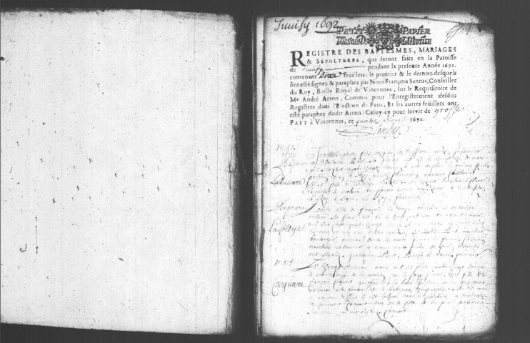JUVISY-SUR-ORGE. Paroisse Saint-Nicolas : Baptêmes, mariages, sépultures : registre paroissial (1692-1739). [Lacunes : B.M.S. (1706-1708, 1711-1716, 1717-1736)]. 