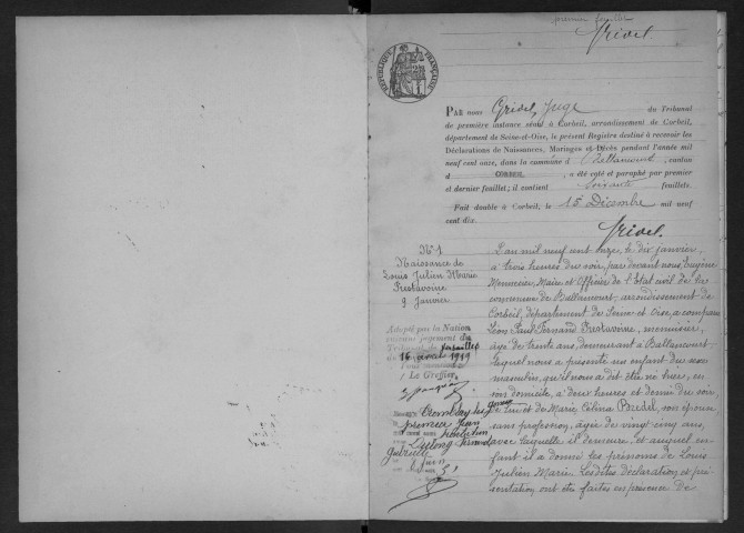 BALLANCOURT-SUR-ESSONNE.- Naissances, mariages, décès : registre d'état civil (1911). 