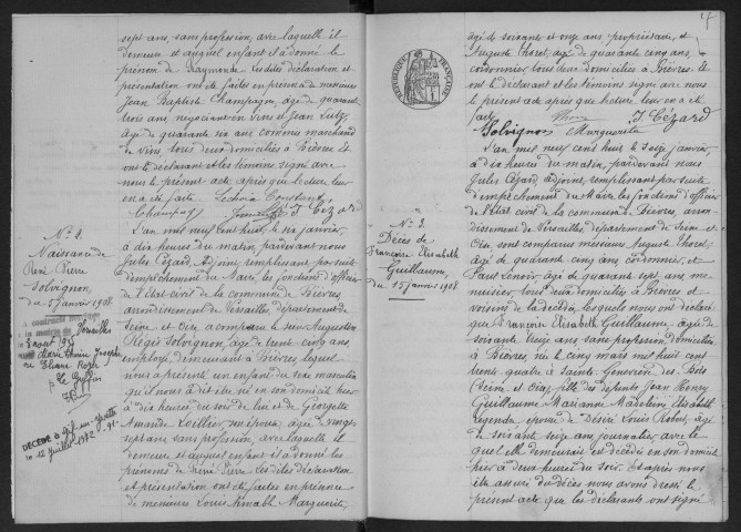 BIEVRES.- Naissances, mariages, décès : registre d'état civil (1908-1909). 
