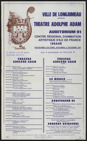 LONGJUMEAU. - Théâtre, cinéma, opéra-comique, concert : programme culturel, théâtre Adolphe Adam, octobre-décembre 1981. 