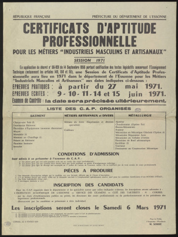 Essonne [Département]. - Certificats d'aptitude professionnelle pour les métiers industriels masculins et artisanaux. Session 1971 : conditions d'admission, inscription, 3 février 1971. 